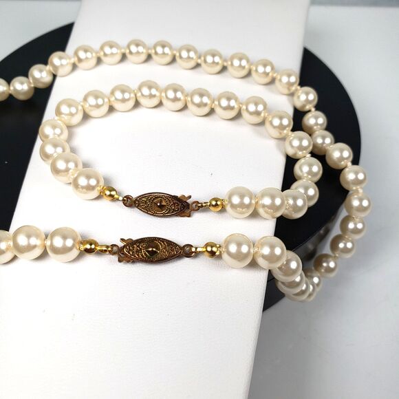 Vintage Knotted Faux Pearl Gold Tone Fish Hook Clasp 17"  Necklace & 7” Bracelet - Picture 11 of 16
